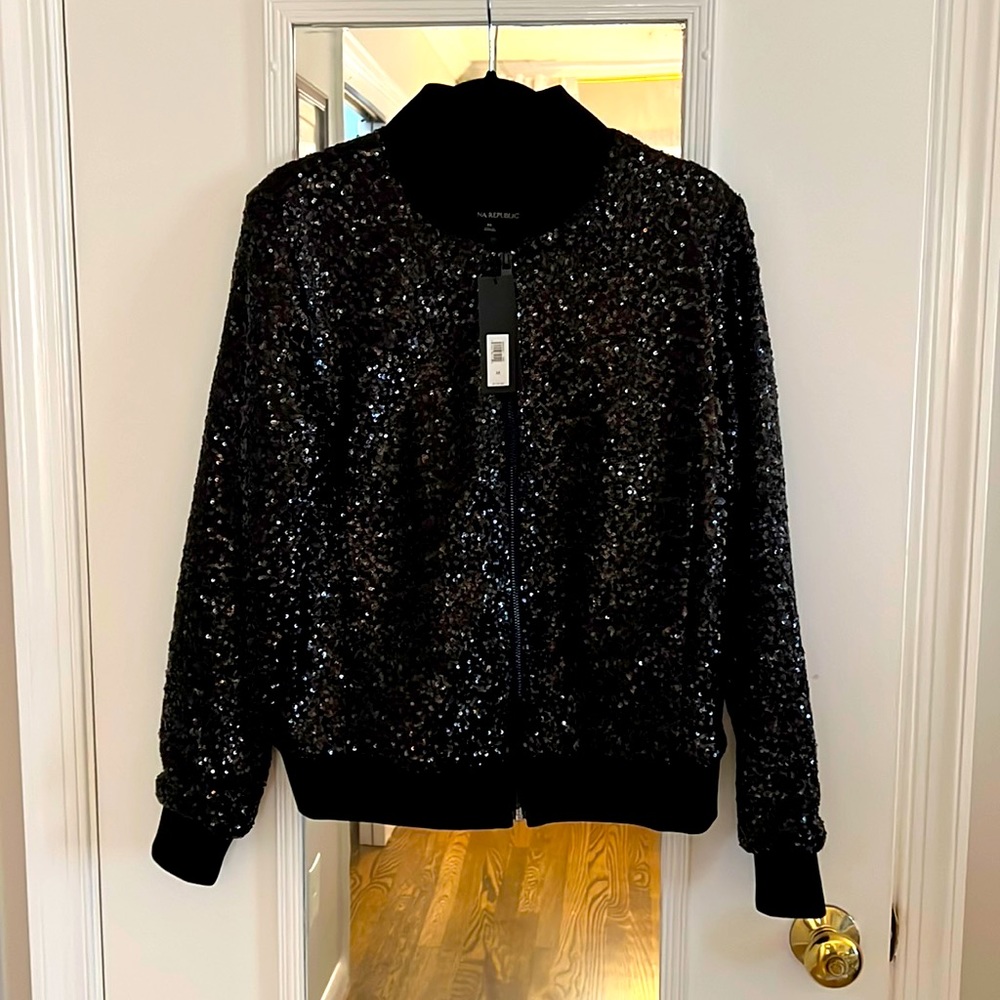 NWT Banana Republic Sequin Bomber Jacket in Black (M)